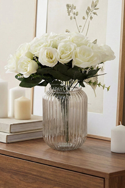 Yapay Çiçek Deposu Buchet de trandafiri artificiali cu frunziș verde, 18 bucă...