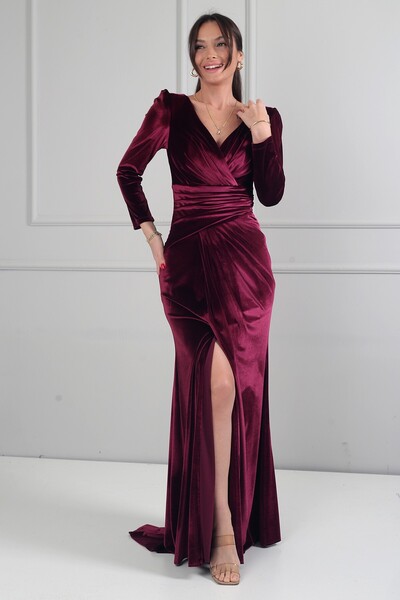 By Saygı Women's Double-Breasted Collar Lined Draped Plus Size Long Velvet Dress