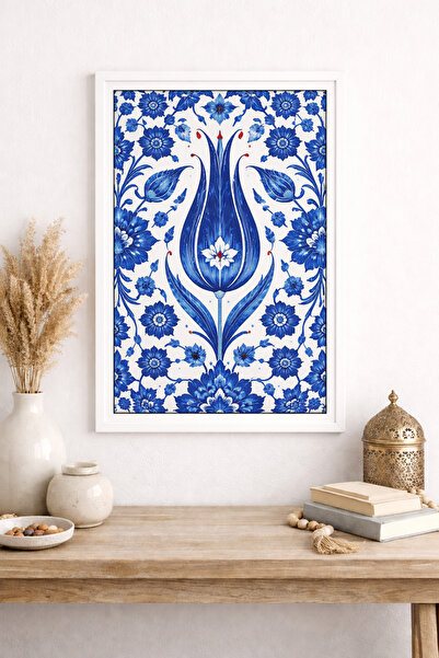 KAYABEY HOME Mavi Çini Desenli Dekoratif Tablo – Beyaz Çerçeveli Geleneksel D...