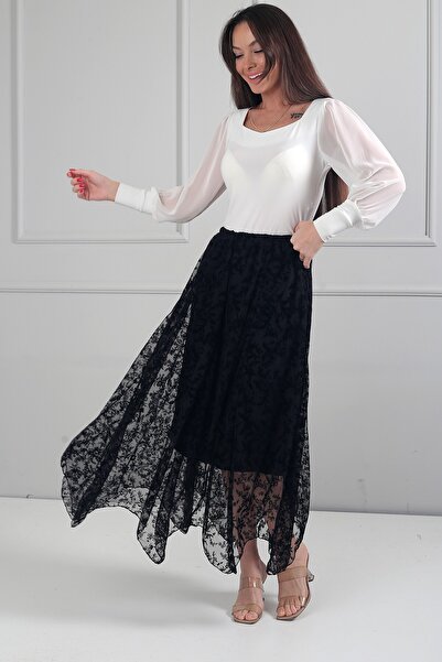 By Saygı Women's Elastic Waist Lined Flock Printed Long Asymmetrical Skirt