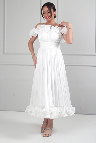 By Saygı Women's Chiffon Fabric Midi Dress with Flounce Detail