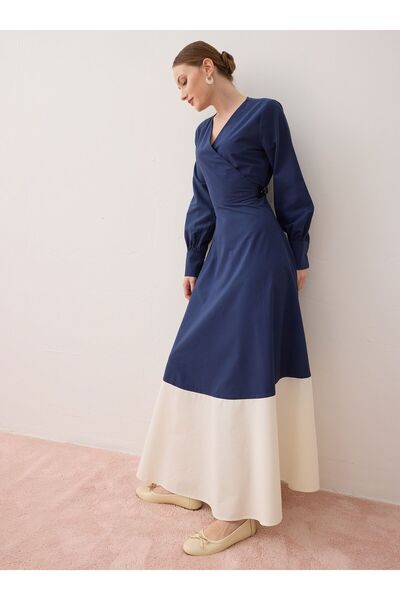 Benin Рокля с колан в контрастен цвят - тъмно син - - Ексклузивна