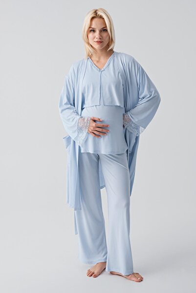 Artış Truvakar Kollu Dantelli Düğmeli Esnek Viskoz Hamile Sabahlık Pijama Takım