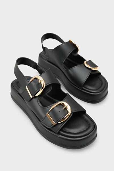 Riccon Women's Double Buckle Sandals 0012693 Black Skin