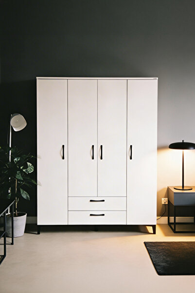 Kilim Mobilya Robin 4 Kapaklı 2 Çekmeceli 5 Raflı Yüksek Ayaklı Dolap