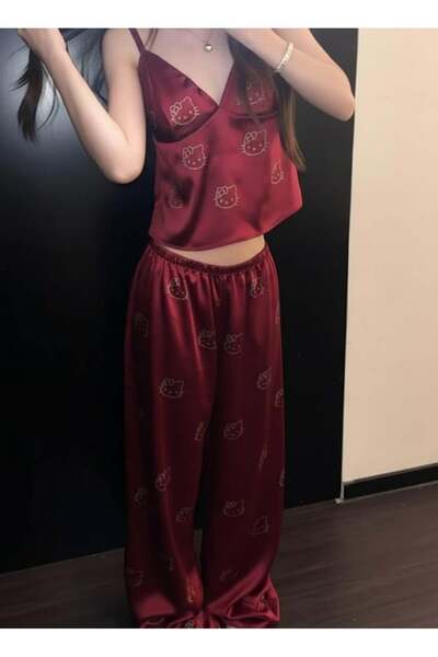 Gofeel Hello Kitty Glitter Stone Detailed Satin Strap Tracksuit Set