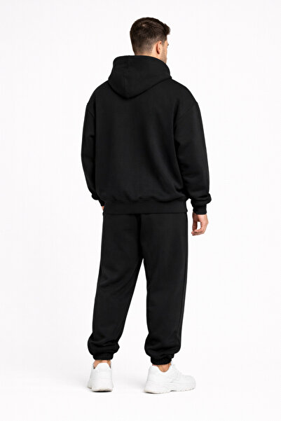 NAKRUF Oversize Erkek Siyah Eşofman Takımı Kışlık Şardonlu İçi Pamuklu Kapüşonlu Basic Spor Takım