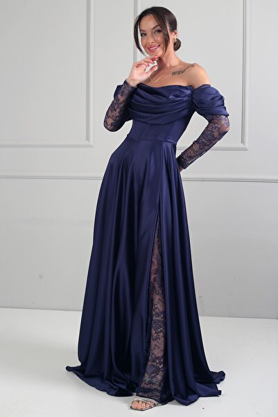 By Saygı Kadın Kayık Drapeli Yaka Astarlı Dantel Detaylı Geniş Beden Aralıklı...