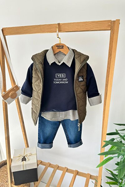 Minigimin Cicileri My Little Boy's Plaid Shirt with Quilted Vest and Detailed...