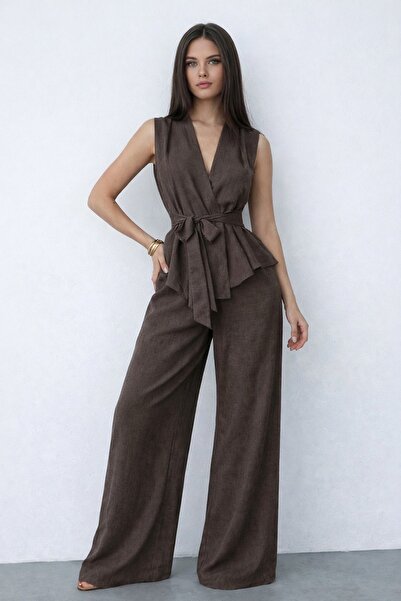 Trend Alaçatı Stili Kadın Kahverengi Yaka Bağlamalı Detaylı Bluz Ve Bol Paça ...