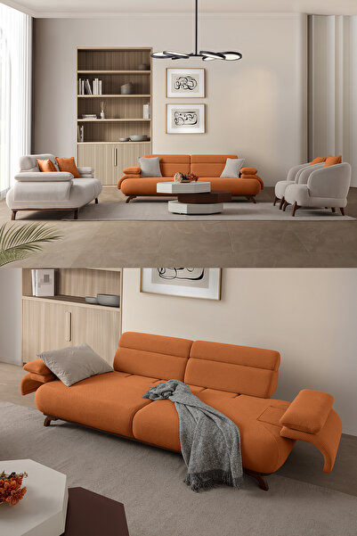 Eymense Bonjo Sırt Mekanizmalı Ceviz Kasalı Koltuk Takımı 3+3+1+1 Kiremit