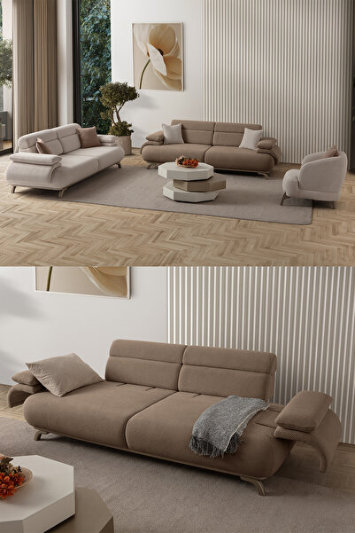 Eymense Bonjo Sırt Mekanizmalı Kasalı Koltuk Takımı 3+3+1 Sütlü Kahve