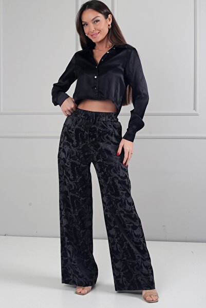 By Saygı Γυναικείο σατέν παντελόνι Palazzo με ελαστική μέση και αφηρημένο σχέδιο