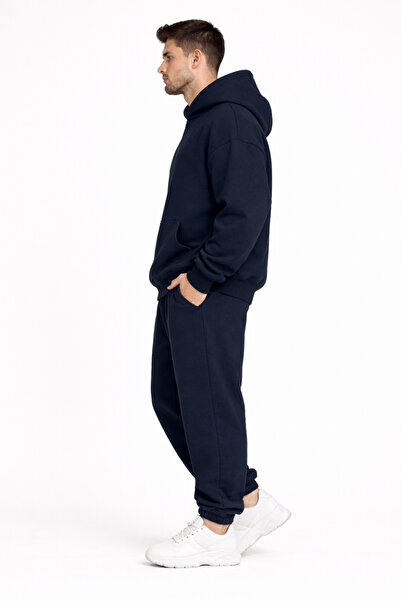 NAKRUF Oversize Erkek Lacivert Eşofman Takımı Kışlık Şardonlu İçi Pamuklu Kapüşonlu Basic Spor Takım