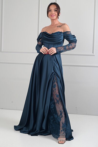 By Saygı Rochie lungă din satin pentru femei, cu decolteu drapat, căptușită c...