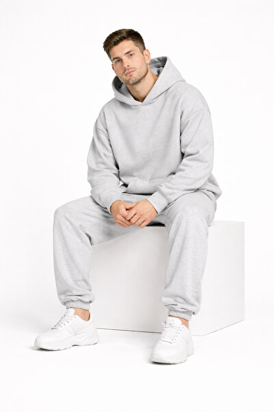 NAKRUF Oversize Erkek Gri Eşofman Takımı Kışlık Şardonlu İçi Pamuklu Kapüşonlu Basic Spor Takım