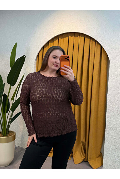 PASTEL BUTİK Esnek Transparan Dantel Bluz - Kahverengi