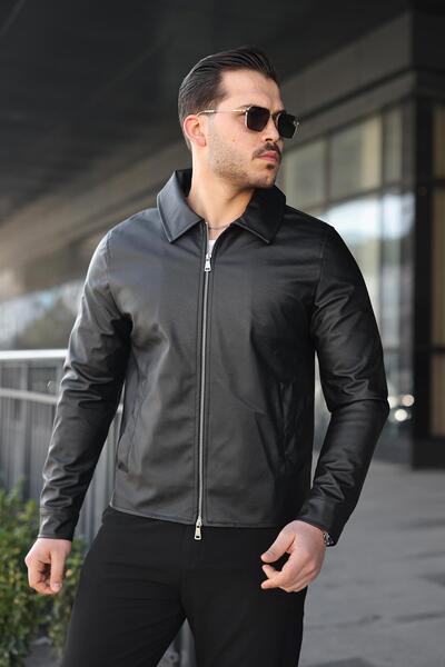 Jaglion Men's Black Zippered Leather Jacket