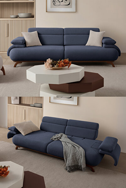 Eymense Bonjo Sırt Mekanizmalı Ceviz Kasalı Üçlü Koltuk Kanepe Lacivert