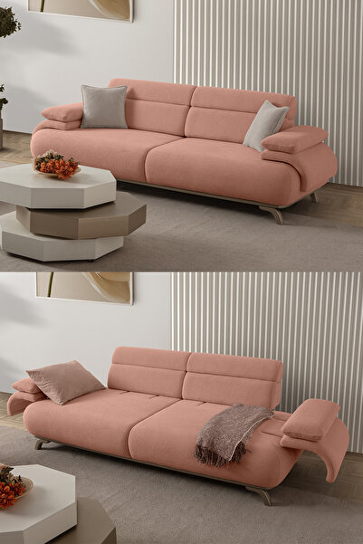 Eymense Bonjo Sırt Mekanizmalı Kasalı Üçlü Koltuk Kanepe Pudra