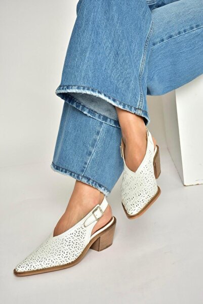 Fox Shoes Y654300403 White Genuine Leather Suede Thick Heeled Women's Shoes