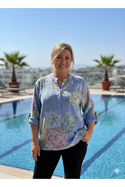 Punta Otantik YG14095 Ιταλική μπλούζα από βαμβακερό λινό με τρία κουμπιά, μπλε