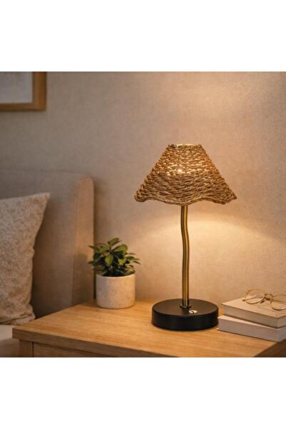 Generic Natural Rattan Table Lamp with Metal Base