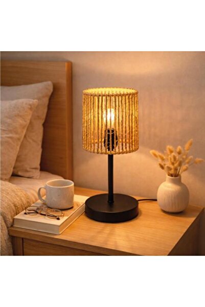 Generic Table Lamp with Rattan Shade and Modern Metal Base
