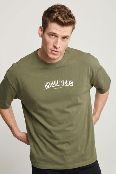 COMBİNE MİCHAİL Men's Chill Printed Oversize Khaki T-Shirt