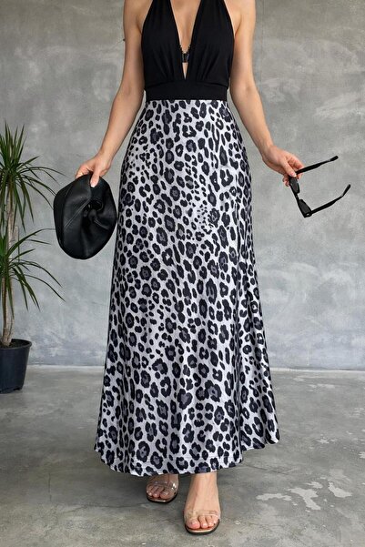 Green'DAL Women's Gray Leopard Patterned High Waist Maxi Long Skirt