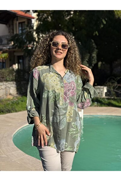 Punta Otantik Yg14095 Italian Three Button Cotton Linen Blouse Khaki