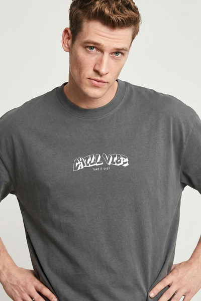 COMBİNE MİCHAİL Men's Chill Printed Oversize Smoked T-Shirt
