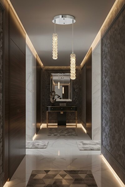 MİRAN HOME Modern Çubuk Şeklinde Gümüş 2li Sarkıt/ Taşlı Metal 2li Sarkıt Avize