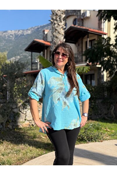 Punta Otantik Yg14035 Italian Three Button Cotton Linen Blouse Blue