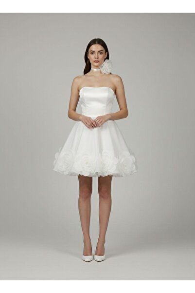 Tangül&Ali'S Moda Evi 3D Gül Detaylı Straplez Prenses Mini After / Bride Elbi...