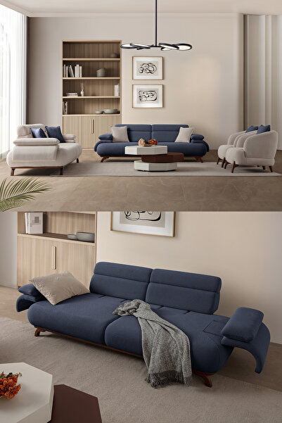 Eymense Bonjo Sırt Mekanizmalı Ceviz Kasalı Koltuk Takımı 3+3+1+1 Lacivert