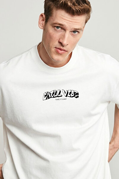 COMBİNE MİCHAİL Men's Chill Printed Oversize Ecru T-Shirt