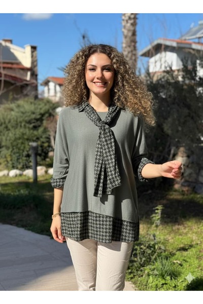 Punta Otantik NC23086 Eșarfă italiană Cămașă Tricotaj Bluză Set triplu verde