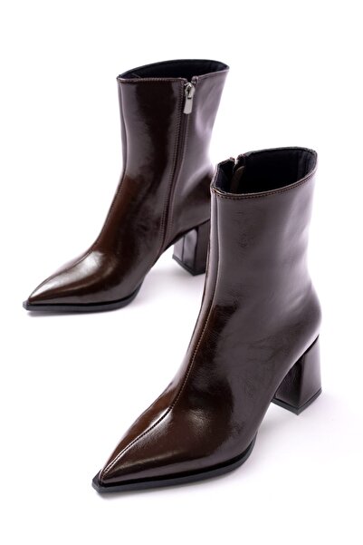 simplicity Pointed Toe Thick Heel Side Zipper Wrinkled Patent Leather Bitter ...