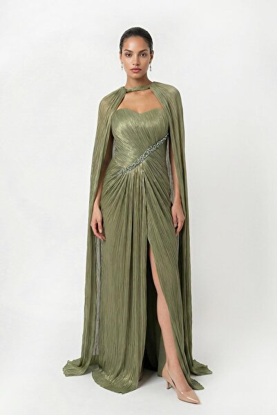 Setre Zümrüt Straplez Yaka Detaylı Dökümlü Abiye Elbise