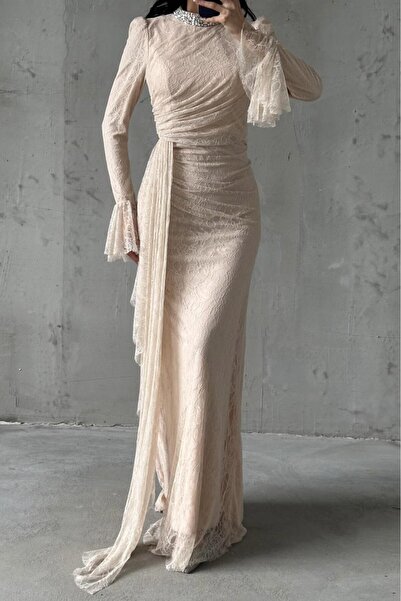 leyuze Lace Tesettür Abiye Krem