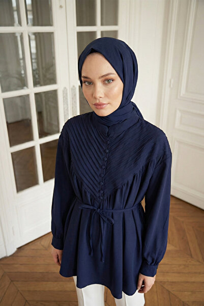 MODAQU Ribbed Detailed Buttoned Tunic - Navy Blue