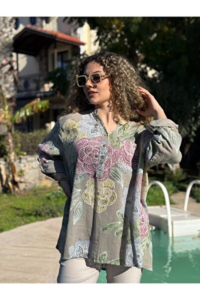 Punta Otantik Yg14095 Italian Three Button Cotton Linen Blouse Mink