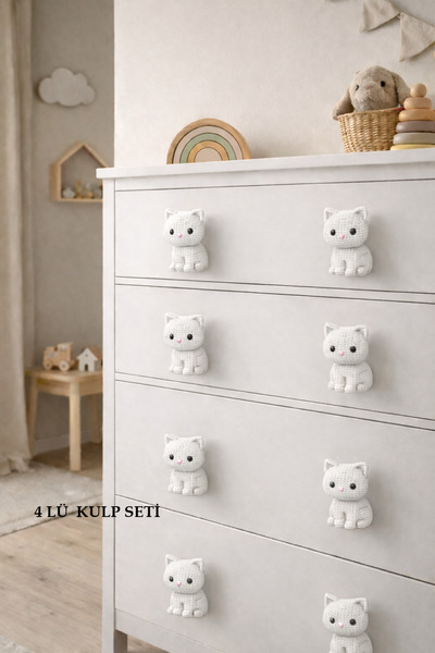 Rekatech 4'LÜ KEDİ FİGÜRLÜ KULP Çocuk Odası Örgü Desenli Dekoratif Çekmece Ha...