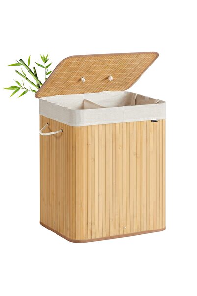 SONGMICS Coș de rufe cu capac, 2 compartimente, bambus, 120 l, pliabil, 50x40...