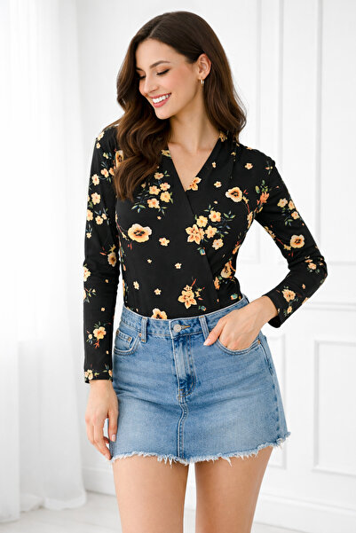 TRQOM Women's Bodysuit Double Breasted V-Neck Long Sleeve Floral Patterned St...