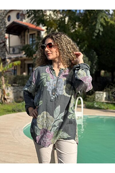 Punta Otantik Yg14095 Italian Three Button Cotton Linen Blouse Smoked