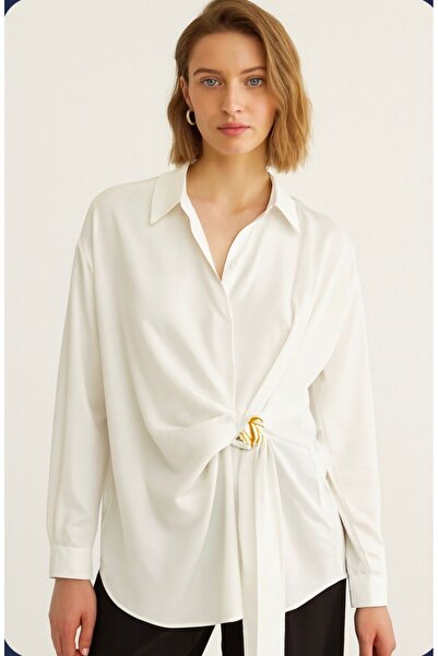 Divin store White shirt-blouse with front knot and gold accessory