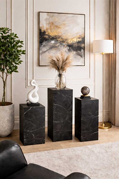 CRAFT HOUSE ART DESIGN 3’lü Dekoratif Sütun Kaide Seti - Mermer Desenli Moder...