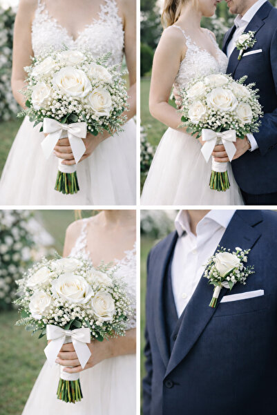 ecrella Beyaz Gül Gelin Buketi & Damat Yaka Çiçeği Hediyeli – Şık Saten Fiyon...